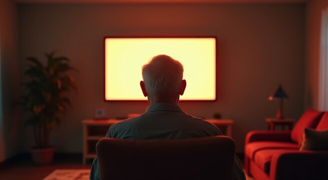 Elderly man sitting in a chair watching television in the living room