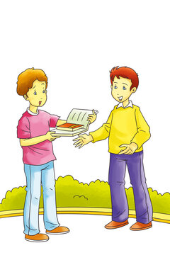 Boy Returning Books to Classmate Outdoor Cartoon Illustration