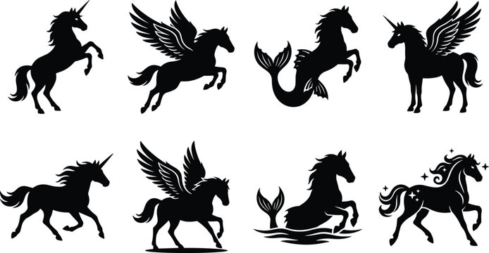 Set of mythical horse silhouettes including unicorn pegasus and hippocampus isolated on white background vector illustration
