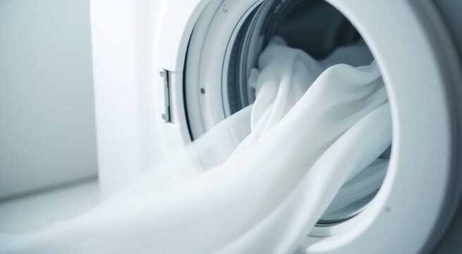 A close up of a white cloth is being pulled out of a washing machine