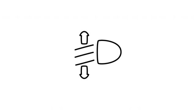 Minimalist outline animation of an automotive headlight leveling beam adjustment dashboard symbol drawing on and fading out. Features a clean pop up style in 3 color setups.