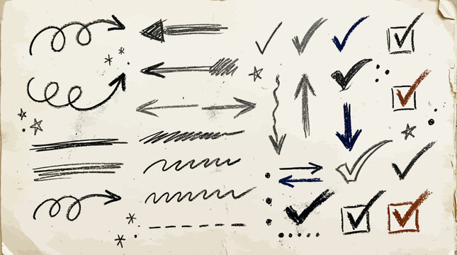 A collection of hand-drawn arrows and checkmarks on paper