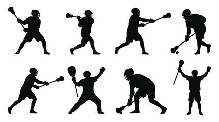 Naklejka premium Lacrosse player silhouettes in various action poses, including swinging stick and throwing ball, isolated on white background