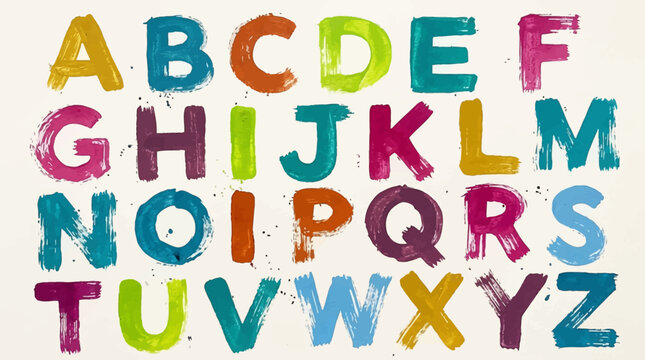 A colorful alphabet poster with painted letters on a white background