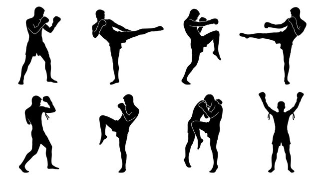 Collection of silhouetted martial artists performing various combat poses, dynamic kickboxing stances, and fighting actions on a plain background