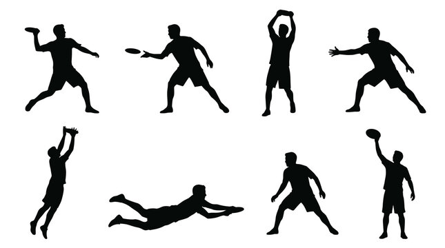 Collection of eight sport silhouettes in action poses, frisbee throw, catch, dive, and jump, isolated on white, dynamic movement, outdoor recreation
