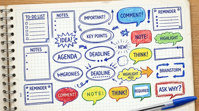 A creative and colorful notebook page filled with brainstorming notes and reminders