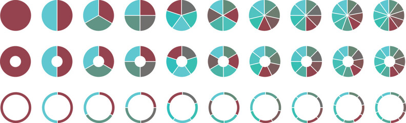Set of colorful pie charts. Colorful pie charts with varying segments. Circle section graph. donut and pie chart infographic elements set. Set of colorful pie charts with varying segments.