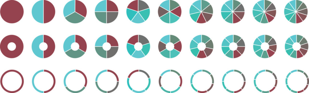 Set of colorful pie charts. Colorful pie charts with varying segments. Circle section graph. donut and pie chart infographic elements set. Set of colorful pie charts with varying segments.