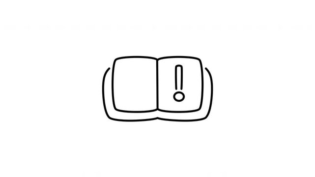 Minimalist outline animation of an owner manual book with an exclamation warning sign drawing on and fading out. Features a clean pop up style in 3 color setups.