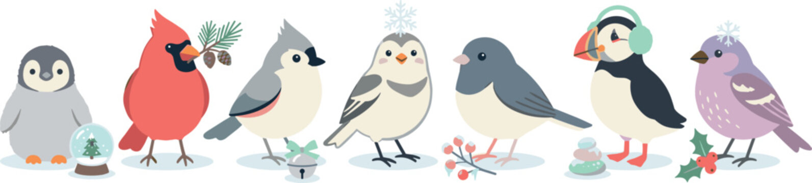 Cute Winter Bird Vector Character Collection Featuring Penguin, Cardinal, Puffin, Titmouse, Finches, Snowflakes, and Christmas Holiday Accessories