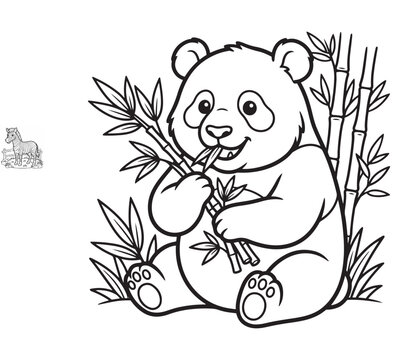 Panda Bear With Bamboo Illustration Black And White Line Art