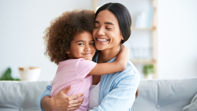 Woman is hugging a young girl