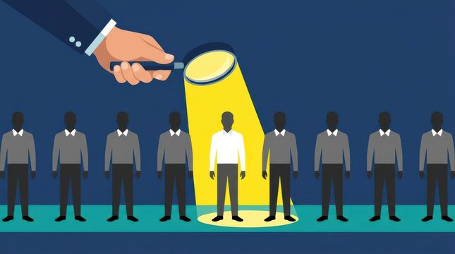 Recruitment concept with a spotlight on a candidate representing talent acquisition and hiring processes