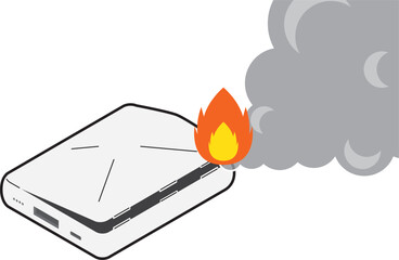 モバイルバッテリーから火と煙が出ているイラスト（主線あり） © yotsuda