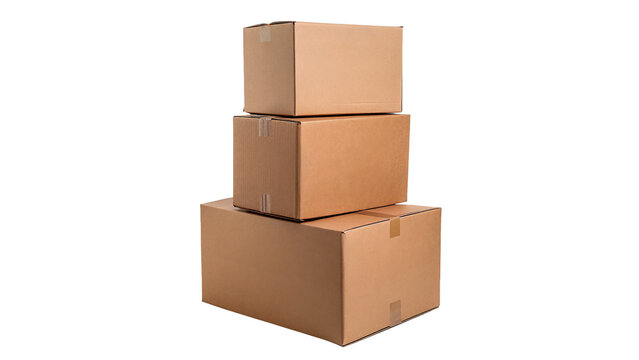 Stack of square empty brown cardboard delivery boxes isolated on a transparent background