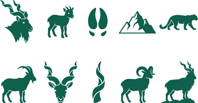 Pakistan independence day markhor national animal silhouette icons sheet featuring spiraling horns baby kid footprint snow leopard generic mountain peak rocky graphics