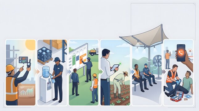 Heat stress prevention protocol infographic demonstrating occupational safety guidelines for outdoor workers and hydration breaks