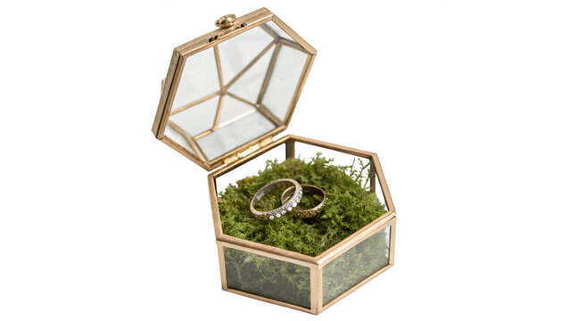 Open empty small wooden hexagonal box container mockup isolated on a transparent background