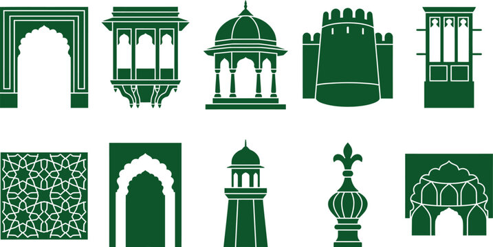 Historical Pakistani architecture heritage vectors collection presenting mughal arched gateway silhouette jharokha window royal domed chhatri fortified bastion badgir wind tower graphics