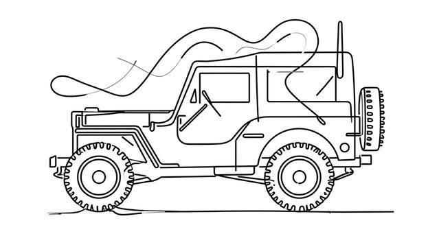 Vintage military jeep line art white background.
