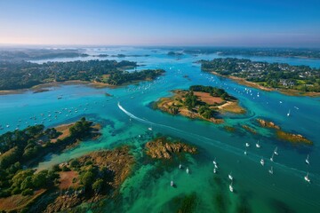 Obraz premium Coastal waterway islands surrounded by turquoise sea and white sailboats from an aerial perspective for luxury travel and tourism advertising