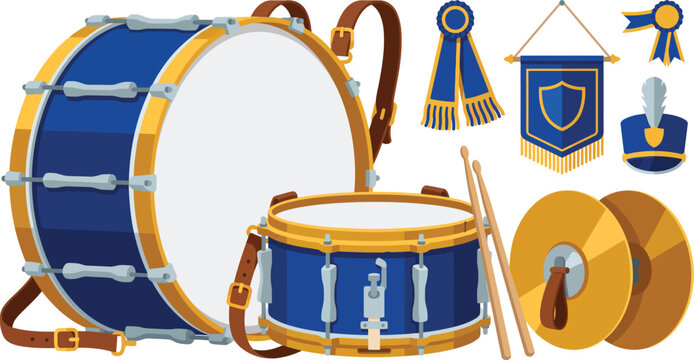 Traditional indonesian marching band drums and musical instrument vector set for independence day parades