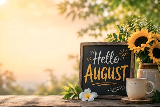 Hello August Rustic Chalkboard Background with Sunflowers, Coffee Mug and Copy Space, Warm Summer Seasonal Banner
