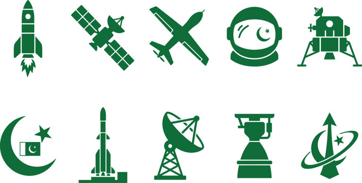 Pakistani aerospace space achievements icons sheet featuring multi stage rocket blasting off communication satellites drones astronaut helmets lunar lander vehicles graphics