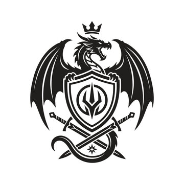 Dragon with crossed swords inside shield vector emblem