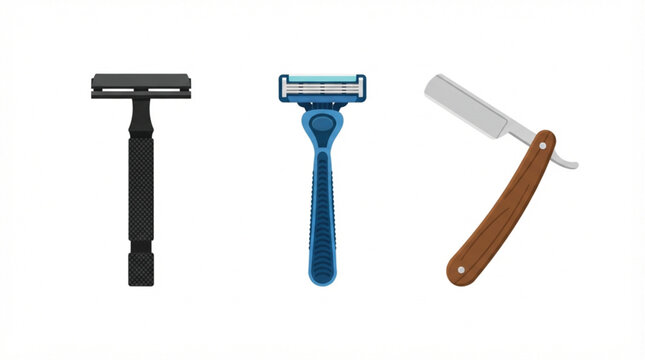  Flat vector shaving razor icon collection with colorful geometric grooming tool and barber elements