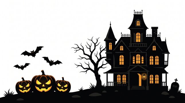 Black and white vector illustration of a spooky haunted house on a hill with a full moon, bare trees, bats, a tombstone, and a carved jack-o'-lantern for Halloween themed design elements.
