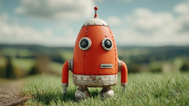 Toy robot that is sitting in the grass