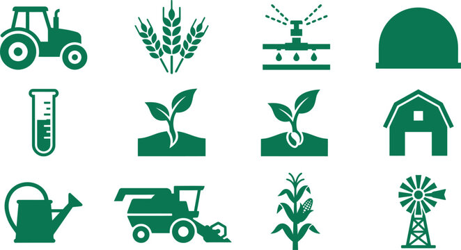 Agricultural innovation farming growth symbols group displaying modern tractor silhouettes wheat stalk clusters drip irrigation sprinklers dome greenhouses soil test beaker