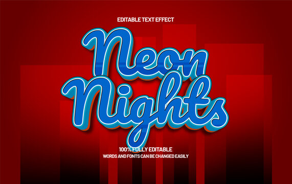 Neon Nights editable text effect with 3d retro style on red background