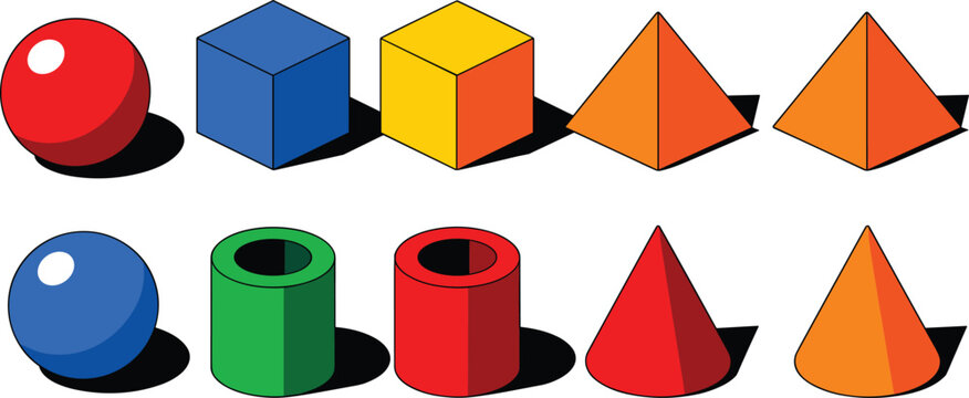 Isolated isometric basic shapes bundle containing colorful sphere cube pyramid cylinder and cone vectors for school textbook illustrations