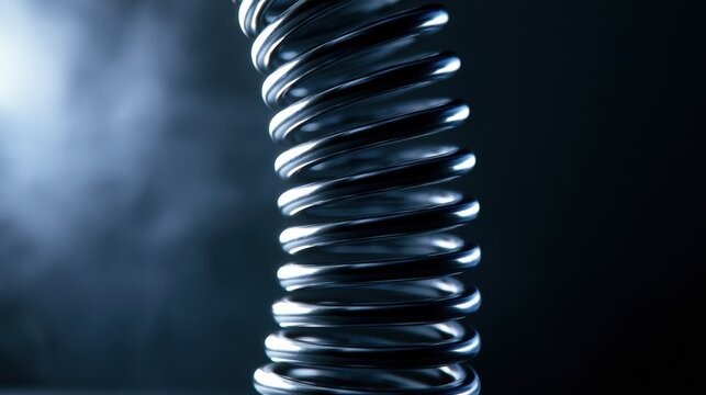 A spring coil is tightly wound and compressed to its maximum point. It reflects light dramatically with a dark background creating tension.