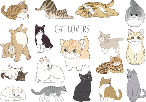 Collection of diverse cartoon cats in various poses and colors, with "cat lovers" text kitten feline