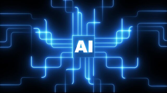 Digital Data moving on ai Circuit Board and CPU loop backgrounds. neon abstract futuristic tech with ai circuit board lines. Computer Processing and organizing data.