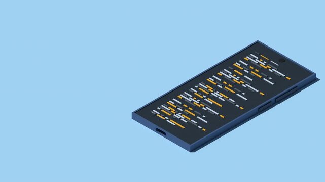 3D isometric smartphone animation. Program code on smartphone screen. Isometric technology. 4K video animated in isometric style