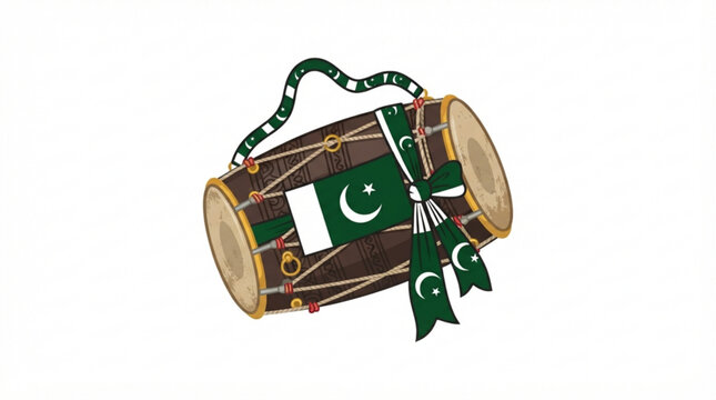 Pakistan flag drum, dhol with Pakistani flag, green and white dhol decoration, cultural music instrument