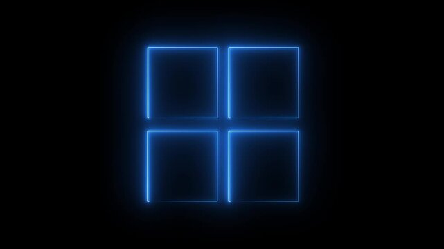 Glowing neon square rectangle picture frame icon animation shape frame border frame photo frame neon box sign symbol. neon display box round screen photo frame retro movement with black background. 4k