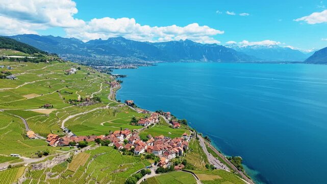 Aerial: Lavaux terraced vineyards and Lake Leman during the day in Grandvaux, canton of Vaud, Switzerland, push in drone shot