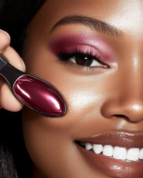 Radiant Beauty with Pink Eye Makeup and Serene Skin Tone in Surreal Setting
