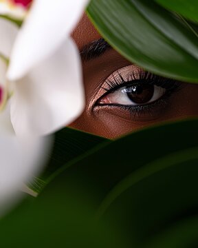 Close-Up of Eye Amidst Orchid Petals and Green Leaves with Brown Skin Tone