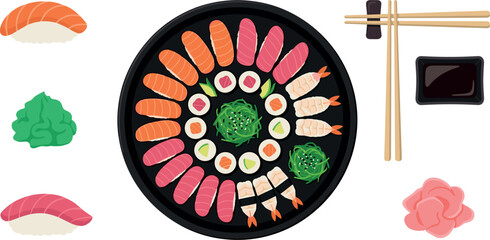 Japanese Sushi Platter Vector Illustration Set with Nigiri Maki Rolls Seaweed Salad Chopsticks Soy Sauce Wasabi and Pickled Ginger Icons for Restaurant Menu Designs © FZ