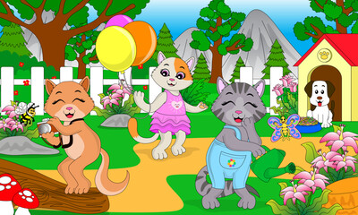 Naklejka premium Three cartoon cats and a dog enjoying a vibrant park with balloons, flowers, and a playground swing kittens
