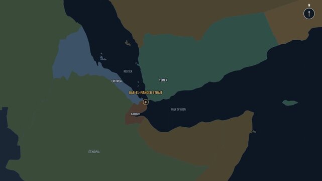 Vector map zooms from Horn of Africa and Yemen toward Bab-el-Mandeb Strait, revealing Djibouti and Aden ports, minimalist night-blue establishing shot