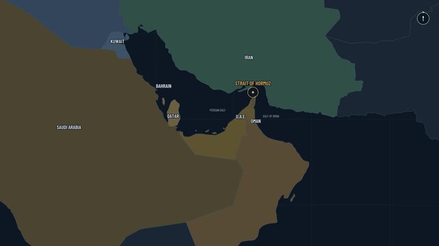 Vector map zooms from Persian Gulf region into Strait of Hormuz, golden waypoint marker appears, minimalist night-blue geopolitical animation