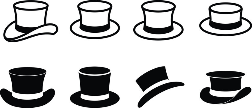 Isolated elegant top hat vector bundle showing various outline styles and solid black shapes for wedding or theater design projects
